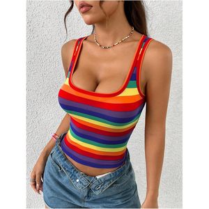 FOXA Women's <b>Rainbow</b> Striped Crop Tank <b>Top</b> Sleeveless Scoop Neck Slim Fit Summer <b>Top</b> - Product Image 6