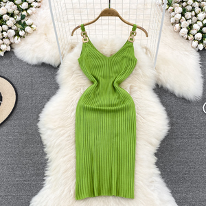 Robe d'été décontractée en tricot uni <span class=keywords><strong>sans</strong></span> <span class=keywords><strong>manches</strong></span> à col en V pour femmes, robe fourreau mi-longue taille haute, <span class=keywords><strong>robes</strong></span> élégantes pour femmes, vêtements pour femmes - Product Image 1