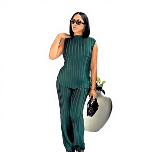 Women's Green Striped Pleated 2 Piece <b>Set</b> Sleeveless Turtleneck Top Wide Leg Pants Loose Fit Spring Summer Normcore Style - Product Image 2