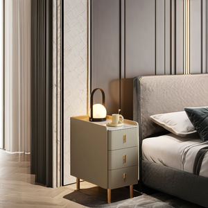 Meja Nakas Kayu Solid Ultra Tipis Minimalis Modern untuk Rumah Kecil, Kamar Tidur, dengan Tiga Laci dan Alas Batu - Product Image 2