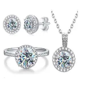 Gra vvs钻石1ct 6.5毫米圆形光环真辉石戒指耳环项链925纯银女性订婚精品珠宝套装