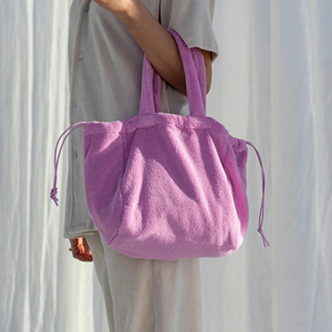 Custom Size Logo Design Casual Women Lady Fluffy Solid Hand Feel <b>Softness</b> Tote <b>Handbags</b> with Drawstring Closure - Product Image 3