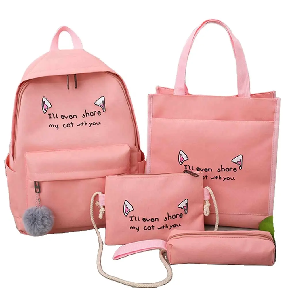 Fabrika özel okul çantaları, kızlar kolej okul sırt çantası 4 adet Set kadın sırt çantası su geçirmez keten sırt çantası/