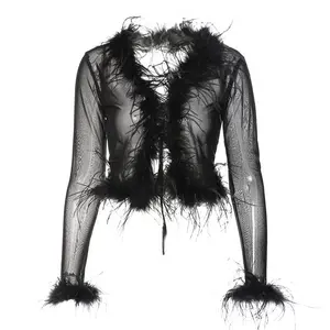 OUDINA Fashionable Wholesale Ostrich Hair Feather Perspective Sexy Long Sleeve Tops Women Mesh Top