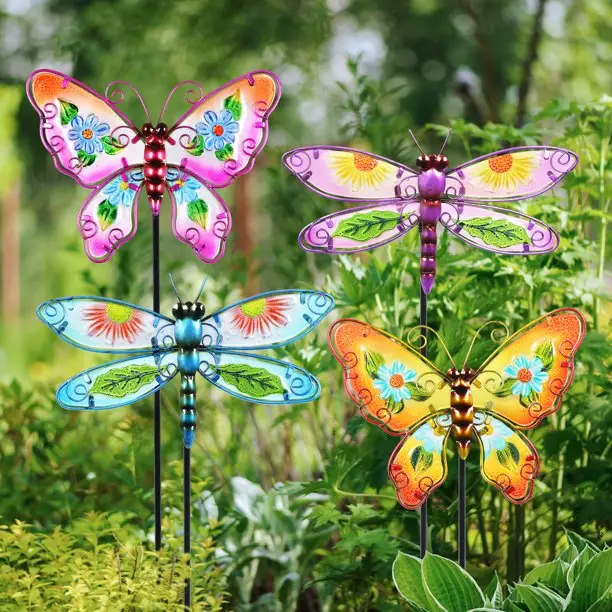 Juego de 4 estacas decorativas de cristal y Metal para jardín, Set de 4 mariposas y libélula