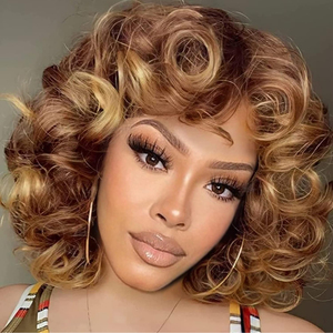 Perruque Afro Bouclée Ondulée Lâche Synthétique Ombrée Brun Foncé Grande Volumineuse Moelleuse Courte Kinky Bouclée Avec <span class=keywords><strong>Frange</strong></span> pour <span class=keywords><strong>Femme</strong></span> - Product Image 1