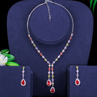 Parure de bijoux de mariée plaquée or/argent avec zircons cubiques multicolores, collier long et boucles d'oreilles, cadeau pour femme pour mariage ou fête