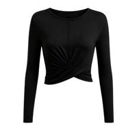 Haut de yoga pour femme à manches longues en maille transparente torsadée sur le devant, coupe ajustée, court, séchage rapide, respirant, pour l'entraînement, le Pilates, le quotidien, en nylon