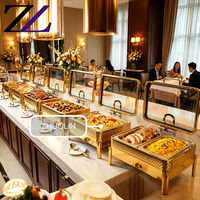 Hotelrestaurant vierkante gehamerde zilveren roestvrijstalen glazen geïsoleerde chafing dishes voor buffet, chafer, voedselwarmer, draadframe