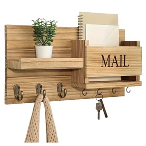 Wooden Wall Mounted Mail Organizer With Key <b>Hooks</b> And <b>Shelf</b> For Entryway Storage Natural Wood Color Rectangle Shape - Product Image 5