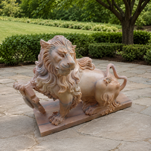 Estatua de <span class=keywords><strong>León</strong></span> de Mármol Beige para Exteriores, Escultura de Animal de Piedra Natural Grande para Jardín y Paisajismo - Product Image 3