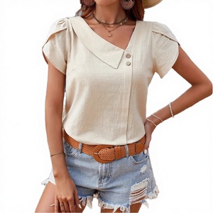 Women's <b>Linen</b> Blouse With Peter Pan Collar Cap Sleeve Solid Color Button Front Casual <b>Top</b> Spring Summer Breathable Regular Fit - Product Image 2