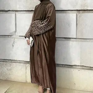 2023 Solid Color Luxury Abaya Women Muslim Dress Handmade Beads Open Abaya Turkey Modest Dubai EID Robe Abaya