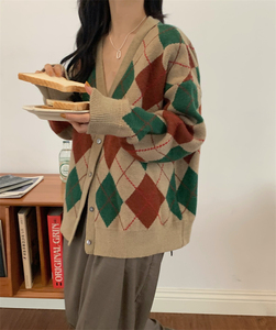 Cardigan coréen d'hiver ample pull manteau diamant <span class=keywords><strong>Plaid</strong></span> chemise à manches longues tricoté Cardigan épais femmes - Product Image 4