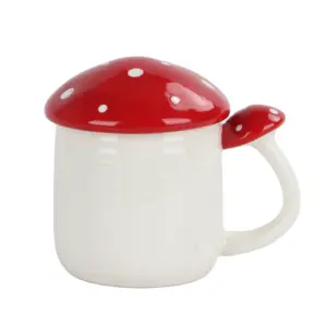 Custom 3D Vegetable Ceramic coffee mugs, Red Mushroom shaped Ceramic mug with Lid