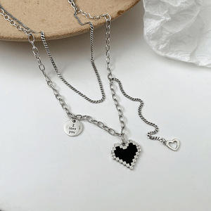 S925 Sterling Silver <b>Heart</b> Necklace <b>Black</b> Mosaic Design For Women Sweater Chain Gift Jewelry - Product Image 2