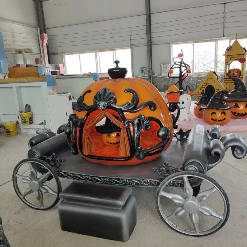 Halloween Garden Yard Fiberglass Resin Pumpkin Sculptures Giant Pumpkin Carriage 3D LED Decoration