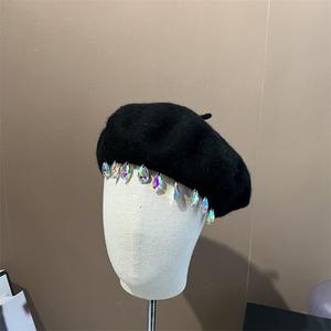 <span class=keywords><strong>Boina</strong></span> <span class=keywords><strong>de</strong></span> lana <span class=keywords><strong>de</strong></span> ganchillo <span class=keywords><strong>para</strong></span> mujer, gorro rojo <span class=keywords><strong>de</strong></span> alta calidad con diamantes brillantes, estilo británico, pintor, artista - Product Image 4