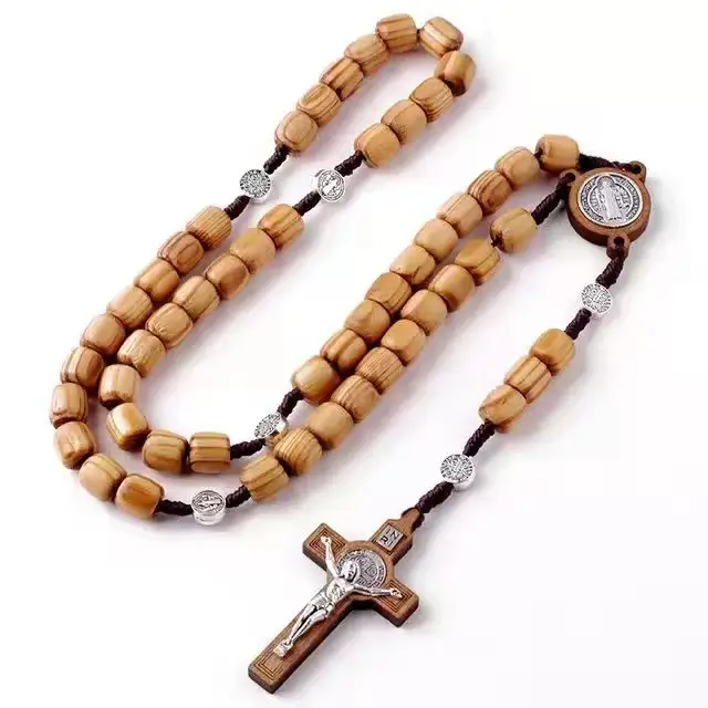 Catholic Rosary Catholicism Gift Prayer 10mm Beads Wooden Cross Necklace Beads Orthodox Wood Beads Religious Jewelry