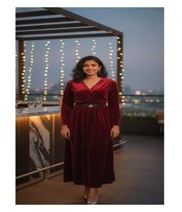 Trendy Eco-Friendly Woven Velvet Solid A-Line <b>Dress</b> Women <b>Belted</b> Waist Soft Comfortable Elegant Flowing Fit Parties <b>Weddings</b> - Product Image 6