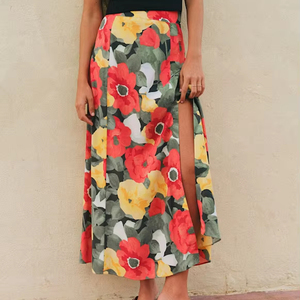 Women's Vibrant Red Yellow Poppy Floral Print High Waist Split <b>Thigh</b> A-Line Midi Skirt - Product Image 1