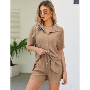 FOXA Womens 2 Piece Casual Outfits Summer Pleated Short Sleeve Top Button Down Shirt <b>Set</b> Breathable Y2K Style - Product Image 5