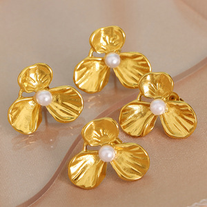 Flower <b>Stud</b> Earrings Gold Pearl Bezel Setting <b>Titanium</b> Steel Party Jewelry EH139 - Product Image 1