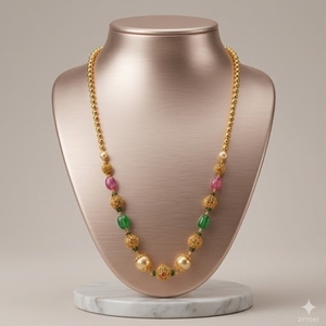 Collar Mala Antiguo de Plata 925 con Cuentas Rosas y Verdes y Detalles de Perlas, Joyería Étnica Tradicional para Mujer, Regalo de Boda - Product Image 3