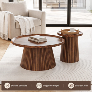 Juego de Mesa de Centro de Madera Moderna, Diseño de Mediados de Siglo, Muebles Hechos a Mano para Sala de Estar, Tapa Redonda, Base de Madera Sólida - Product Image 3