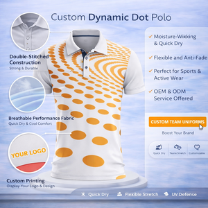 Polo de sport pour homme en polyester et élasthanne, anti-boulochage, motif cercle abstrait, orange et blanc, avec logo personnalisé - Product Image 2