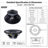 HD15TBX100 Haut-parleur de graves en ferrite 15 pouces, 1000W RMS, 2000W de crête, 8 Ohms, Bobine mobile 4 pouces pour système de sonorisation PA de scène