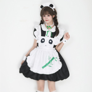 Panda Maid Costume Lolita Style Black Dress With Green Bamboo Print For Kids Age 8 13 Years Anime Cosplay Outfit - Product Image 3