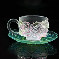 Ensemble tasse et soucoupe en verre Liuli artisanal 170 ml, motif fleur d'hibiscus dégradé rose en relief, mug à expresso de luxe, cadeau artistique OEM