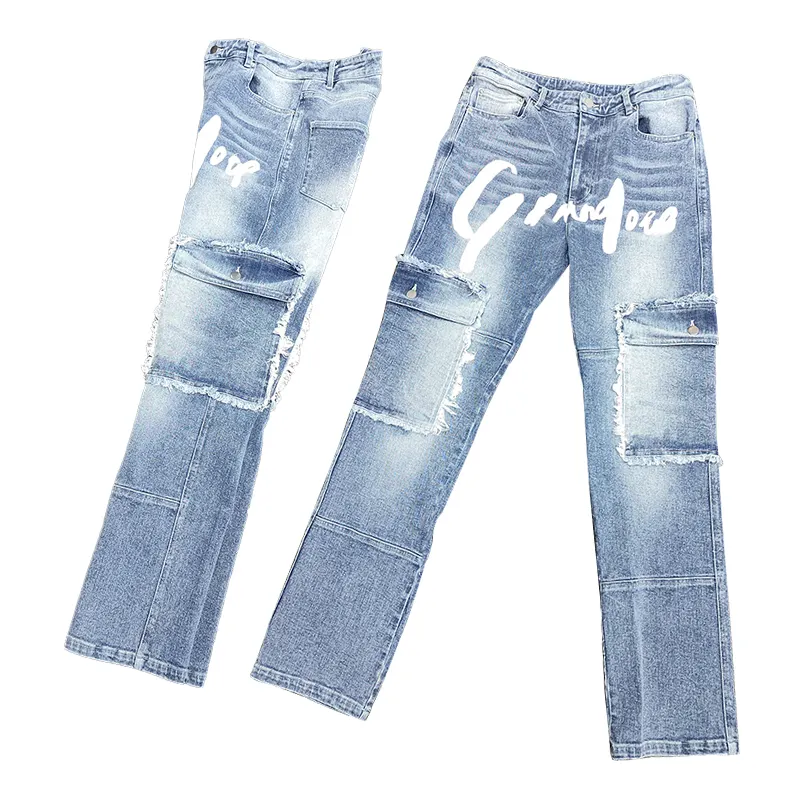 Trang Phục Đường Phố Quần Bò Ống Loe Màu Nâu Đau Khổ Quần Bò Nam Vải Denim Giặt Kiểu Hip Hop Miếng Vá Đô Thị Cho Nam