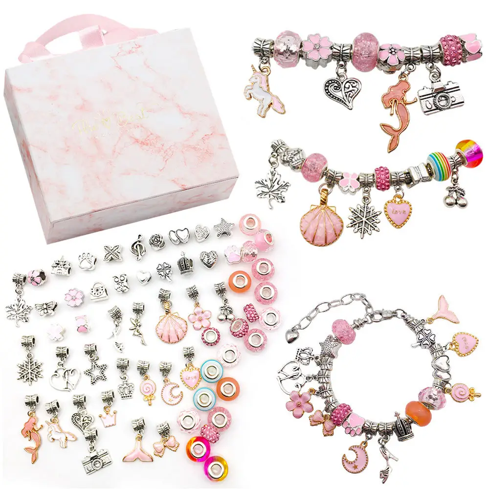 Trend Creative Valentine's Day Pink Gift Box DIY Bracelet Kit Charms Beads Crystal Bracelet Jewelry For Kids ,Girls And Boys