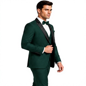 Costume de mariage trois pièces vert pour homme de haute qualité, coupe ajustée, blazer à revers noir, gilet et pantalon, tenue formelle pour banquets et soirées - Product Image 3