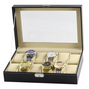 Expédition immédiate ELE QUEEN Boîte à montres rectangulaire de luxe en cuir PU noir de haute qualité, organisateur de rangement multi-emplacements, emballage de présentation - Product Image 5