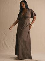 Robe longue élégante rayée grande taille, col en V profond, manches volantées, taille découpée à nouer, idéale pour les enterrements de vie de jeune fille et les soirées romantiques