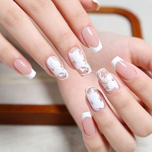 Lot de 24 <span class=keywords><strong>faux</strong></span> ongles 3D en forme de nœud floral, en ABS, avec pointe française blanche, couleur nude amande, à coller, <span class=keywords><strong>pour</strong></span> usage quotidien - Product Image 2