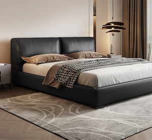 Juego de cama doble para parejas, tamaño King, moderno, cómodo, con fundas de cuero genuino y marco de madera maciza - Product Image 4