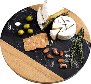 Placa de corte de mármore de 12 polegadas, placa de madeira redonda de mármore de queijo com madeira de acácia