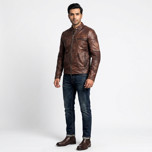 Blouson Teddy Homme 2026 Haut de Gamme en Cuir de Vachette Marron Style Vintage avec Capuche, Col Montant et Logo Frontal, Respirant, Automne - Product Image 1