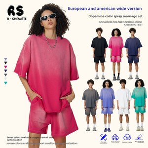 Người Đàn Ông Của Thời Trang 100% Cotton Ngắn Tay Áo T-Shirt Thiết Lập Châu Âu Mỹ Phong Cách Cross-Biên Giới Rửa Rửa Phun Ngựa Tóc Lỏng Trống - Product Image 2