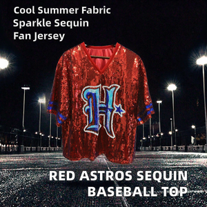 Factory Wholesale <b>Red</b> Baseball for H Logo Sparkle Sequin Short Sleeve Summer Unisex <b>Blouse</b> Spandex Cotton Anti-Bacterial Custom - Product Image 2
