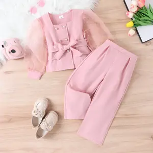 2023 Boutique 4-7Y Fashion Toddler Kids Formal Suits Swiss Dot Puff Long Sleeve Shirt with Belt Pants Girls Clothes Sets