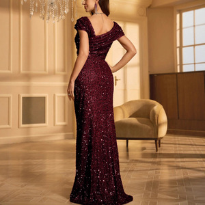 Vestido de Noche con Lentejuelas y Hombros Descubiertos, Vestido Largo de Sirena de Color Sólido, Elegante para Banquetes y Fiestas - Product Image 4