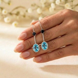 Natural Sky Blue Topaz and Black Obsidian Oval Round <b>Dangle</b> <b>Earrings</b> in 925 Sterling <b>Silver</b> or 18K Gold Filled Faceted Gemstone - Product Image 6