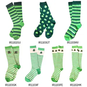 圣帕特里克节三叶草棉袜膝长高袜爱尔兰绿色条纹袜圣帕特里克节爱尔兰派对