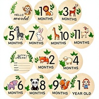 7 cartes de jalons en bois pour bébés, disques ronds double face de 10 cm, mois de bébé, design animal 'Bonjour le monde', cadeau pour nouveau-nés et parents