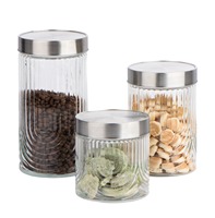 3 pots de conservation hermétiques en verre transparent côtelé moderne, écologiques, avec couvercle en métal, pour la conservation des aliments secs en cuisine
